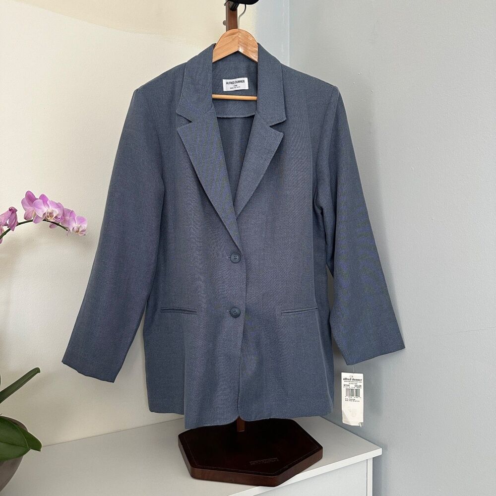 Alfred Dunner Women's Blue Long Blazer Jacket Two-Button Size 14 Made in USA Nwt